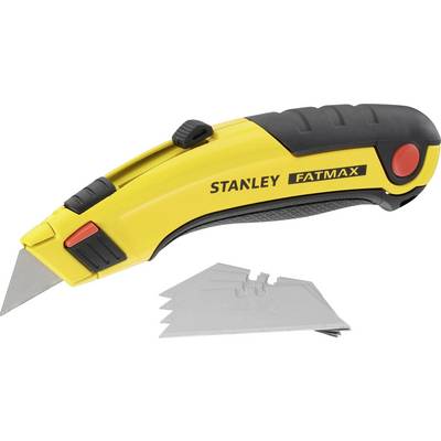 Een geel Stanley FatMax uitschuifmes met zwarte handgreep en rode knop, met reservemesjes ernaast.