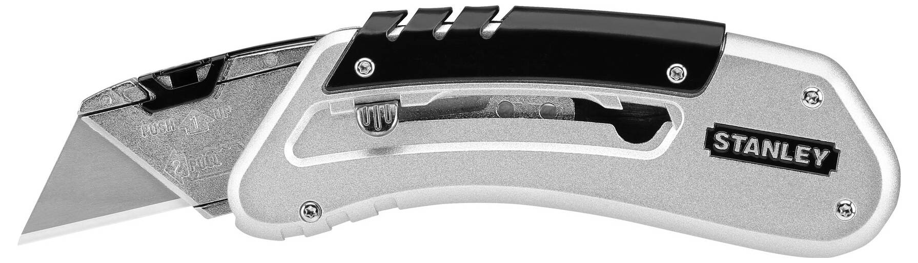 Een zilver-zwart Stanley universeel mes met uitgeschoven lemmet, geschikt voor het snijden van materialen zoals karton of tapijt.