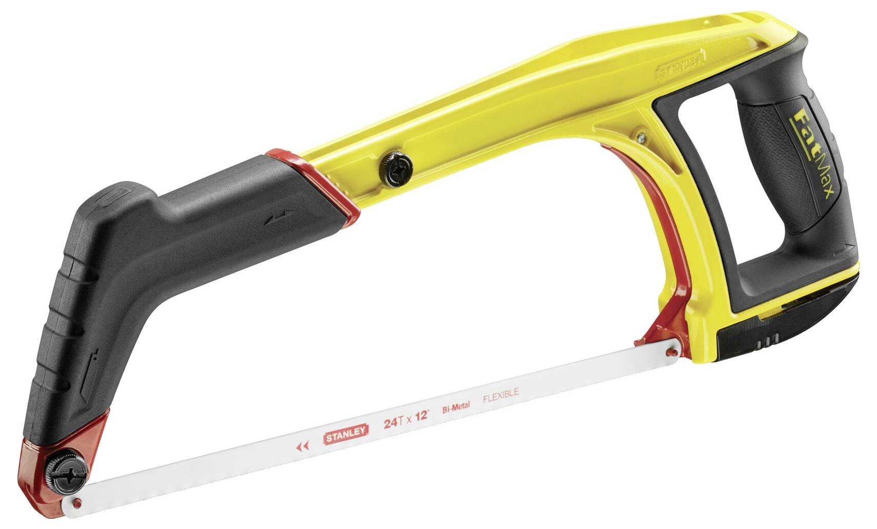 Metaalzaag met ergonomische handgrepen en geel frame. Geschikt voor het zagen van metaal; zaagblad gemarkeerd met '24 T x 12'''.