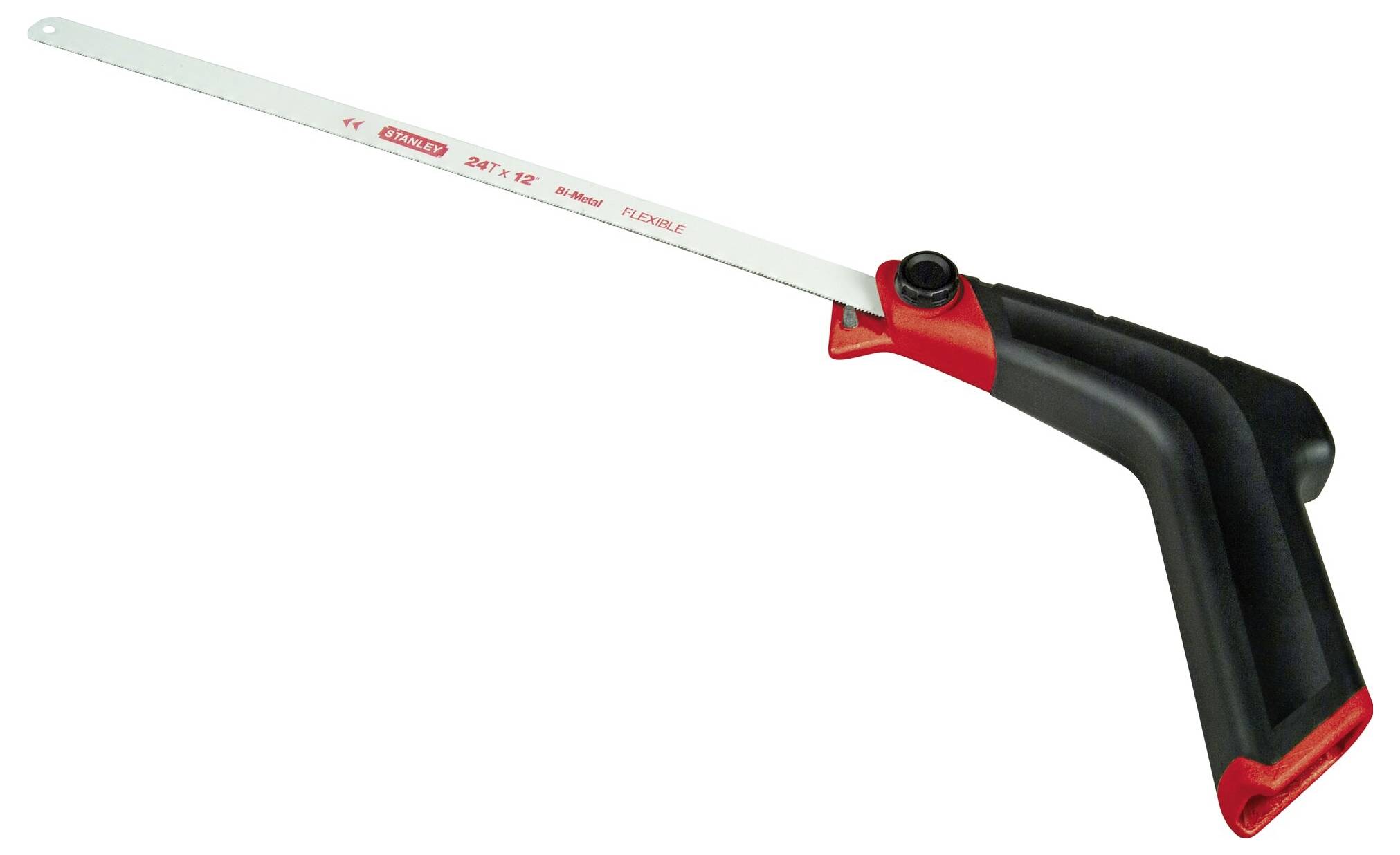 Een handzaag met een zwarte handgreep en rode details. Hij heeft een lang, dun zaagblad en is geschikt voor precisiewerk.