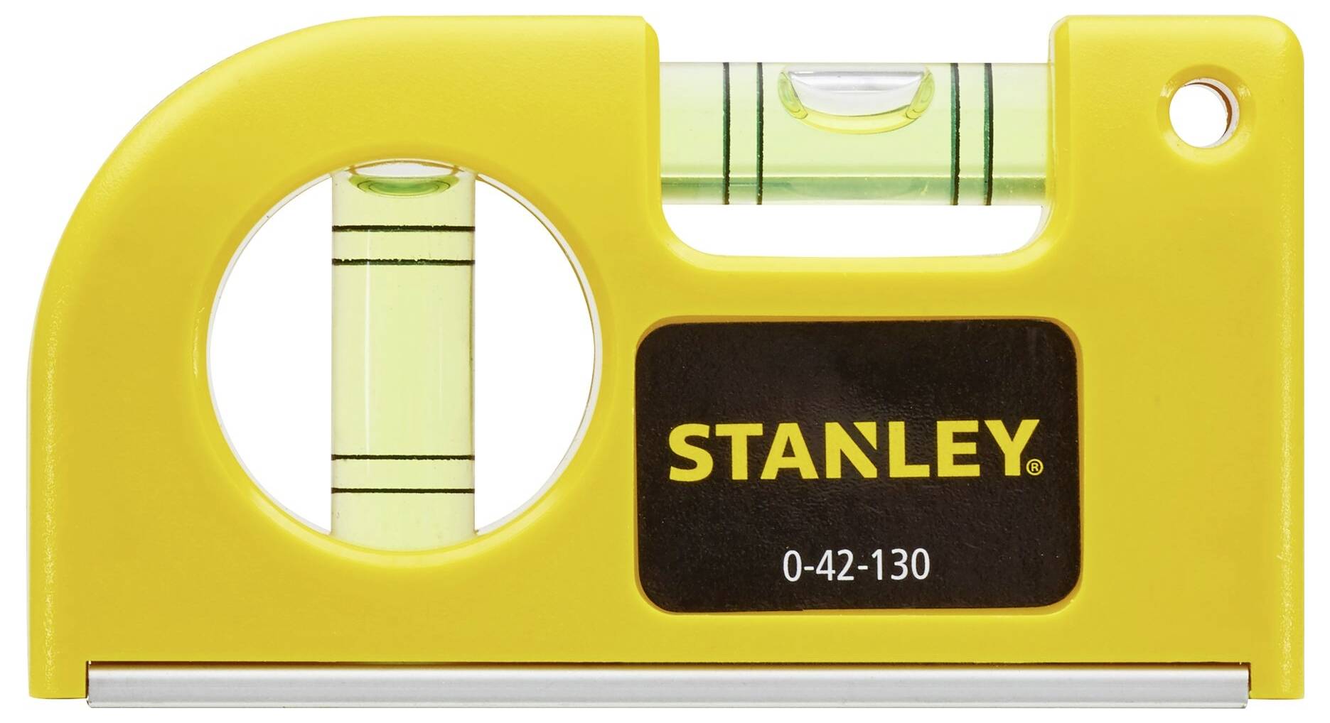 Gele waterpas met twee libellen, 'STANLEY' logo en modelnummer '0-42-130' op zwarte achtergrond, rechthoekige vorm.