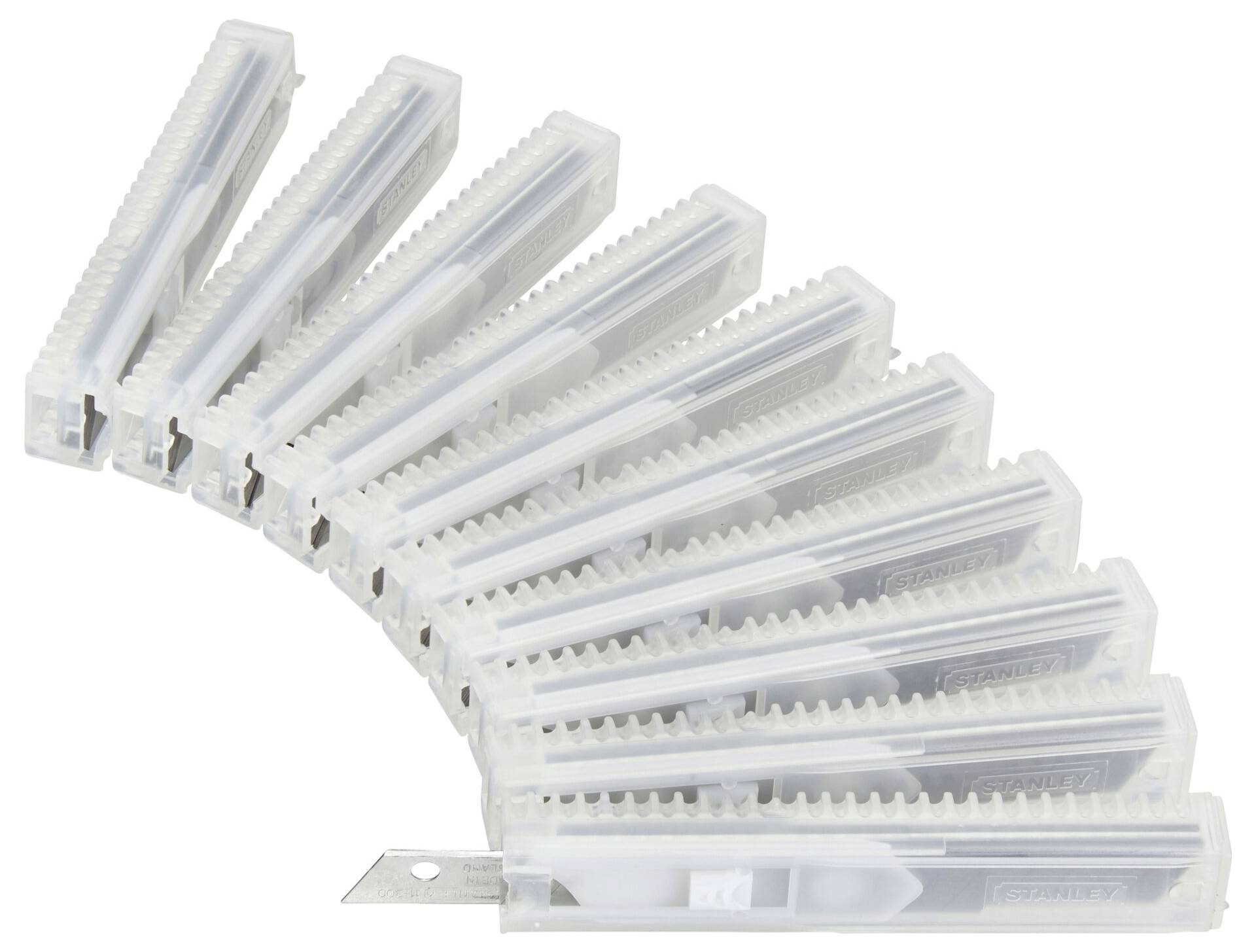 Verschillende witte meshouders in een waaier gerangschikt, elk met een zilveren lemmet zichtbaar.