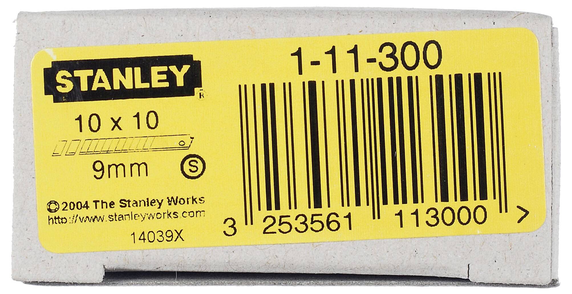Packaging for Stanley blades 1-11-300 with 10 pcs. and 9mm size. Contains barcode and manufacturer information.