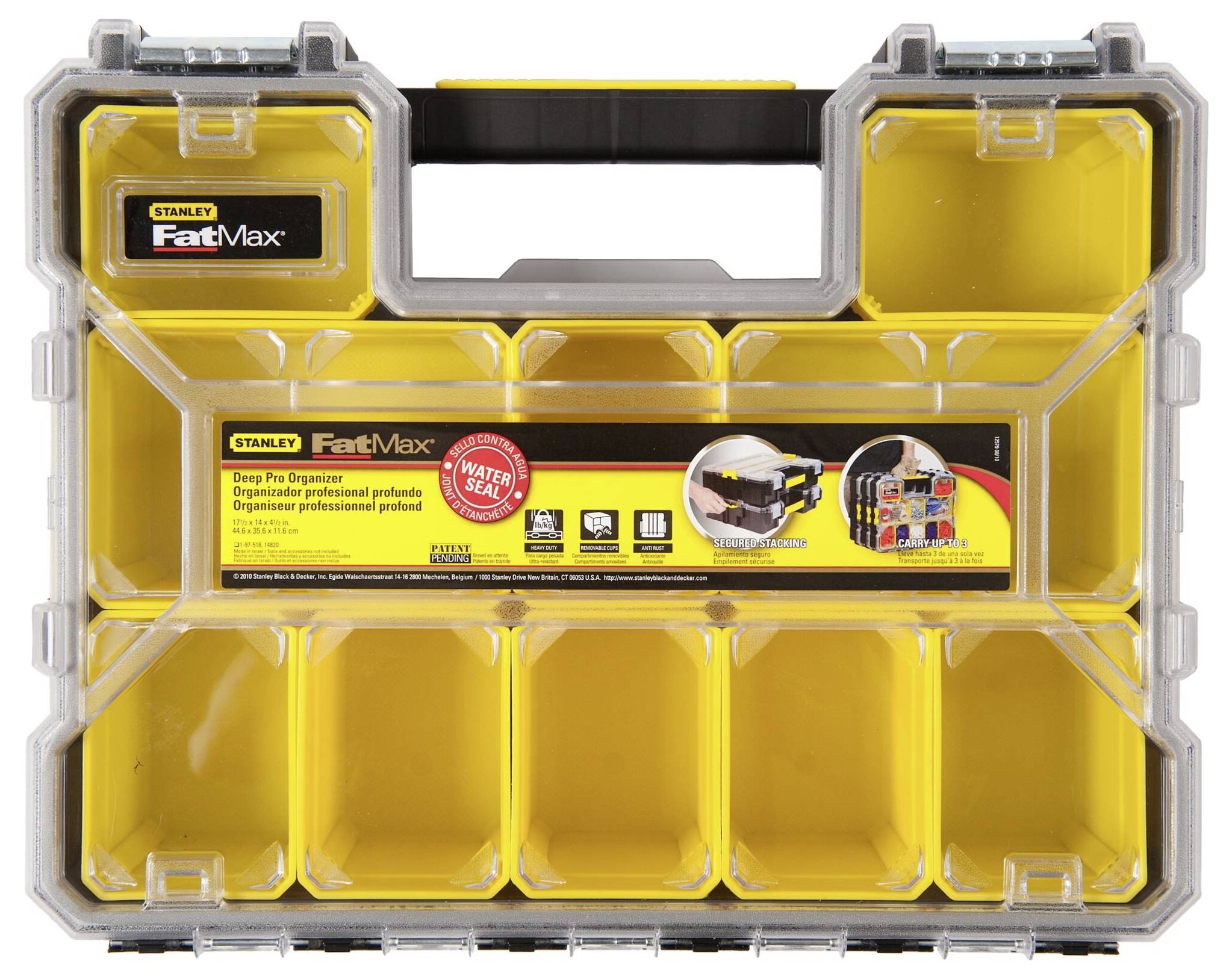 Gele Stanley FatMax Organizer met transparante deksel en negen vakken. Sticker toont toepassingsvoorbeelden en merklogo.