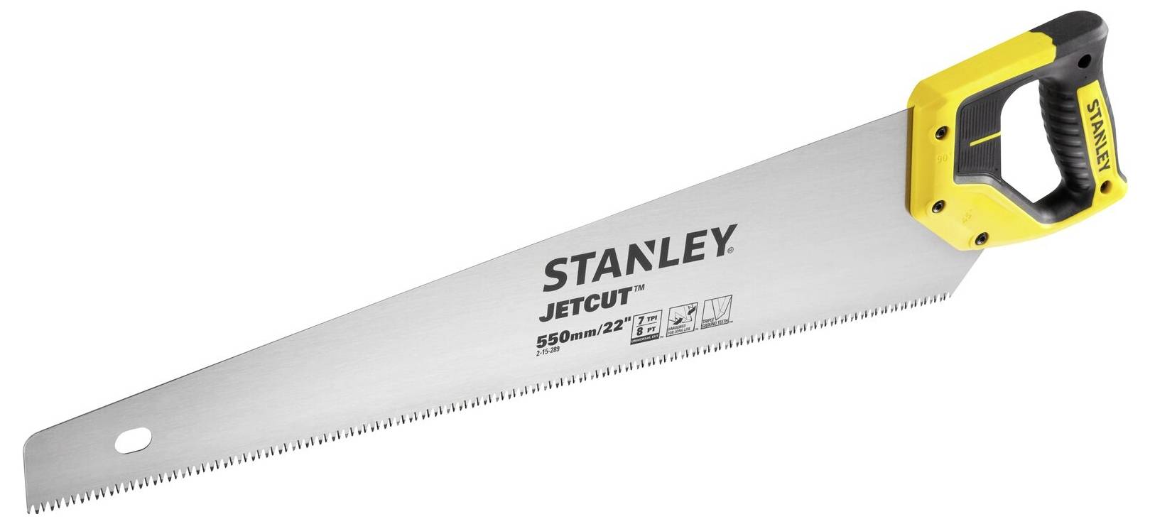 Handzaag met gele handgreep en opschrift 'Stanley JetCut 550 mm x 22T' op de zaagrand.
