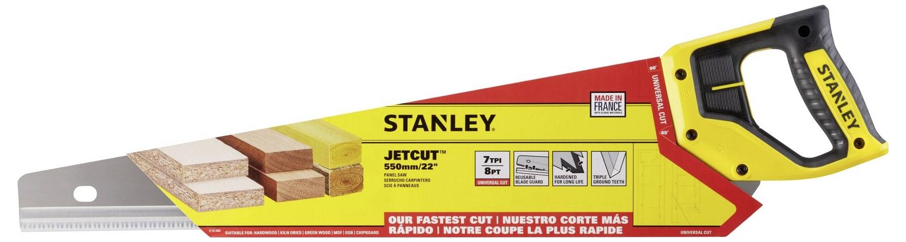 Handzaag met gele en zwarte handgreep, 550 mm lengte. Verpakking toont materiaaltypen: hout, spaanplaat, pluggen. Merk 'Stanley'.