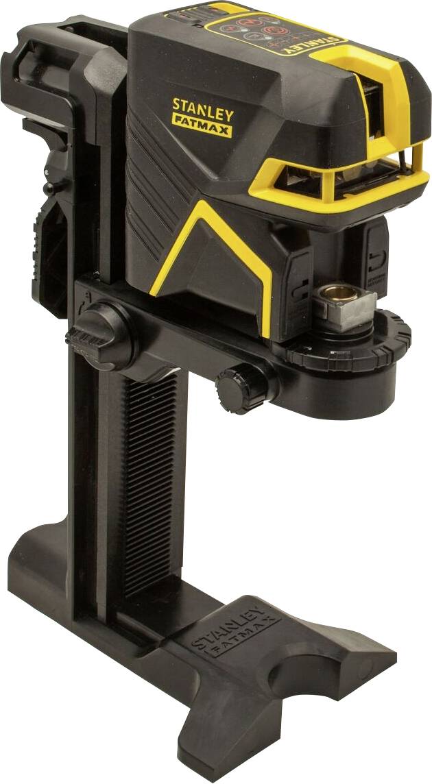 Een zwarte en gele kruislijnlaser op een statief, gebruikt voor nauwkeurige uitlijning en nivellering bij bouwprojecten.