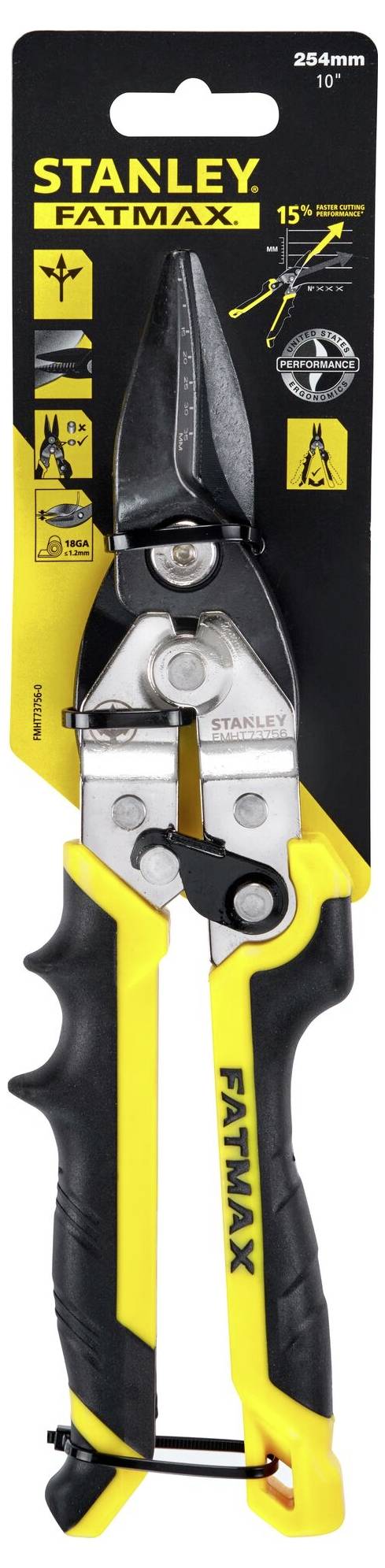 Een geel-zwarte Stanley Fatmax blikschaar, 25 cm, in de verpakking. Ontworpen voor snel en precies snijden.