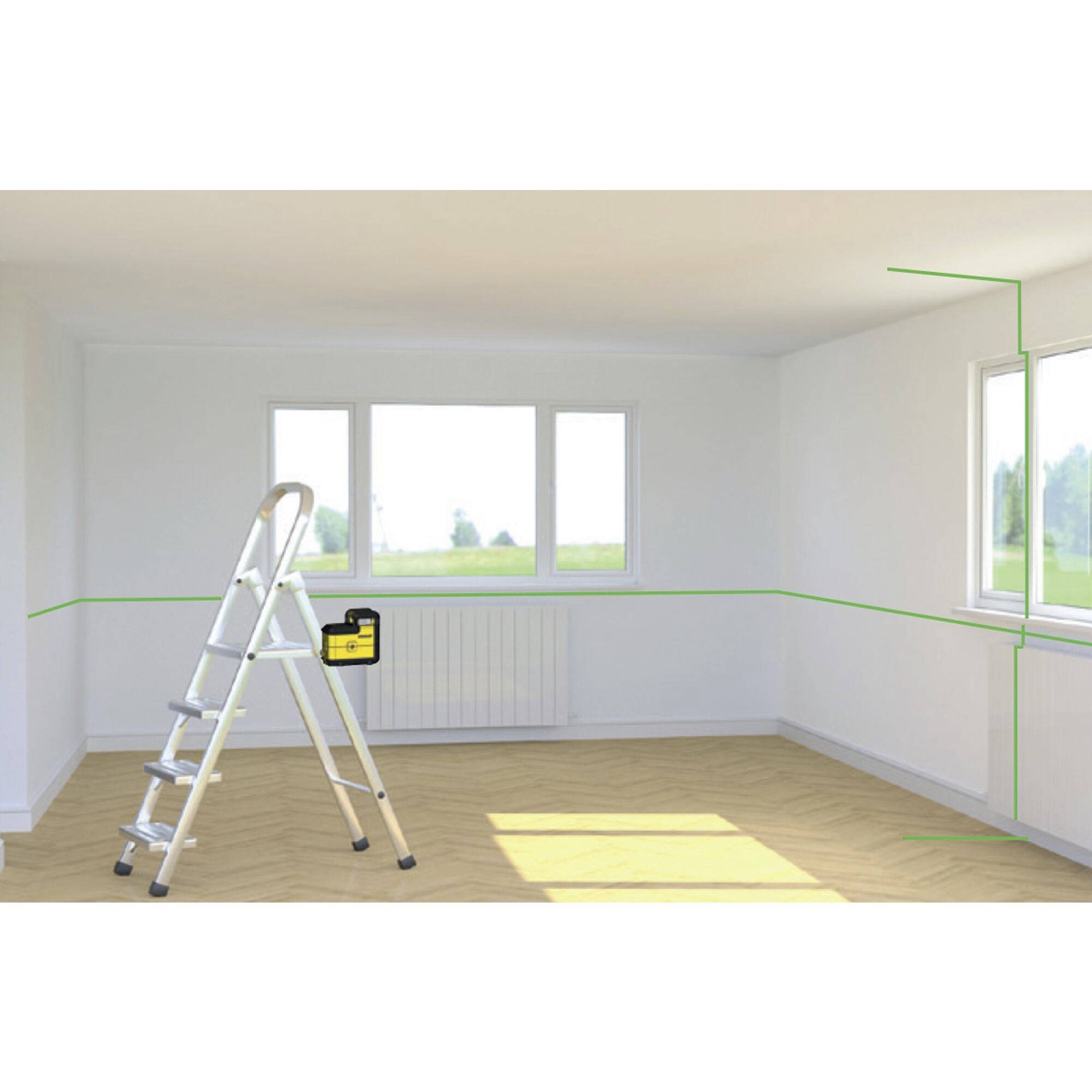 Ruimte met laminaatvloer, lichte wandkleur en rechthoekig raam. Een ladder staat in de hoek, een laserlijntoestel projecteert groene lijnen.