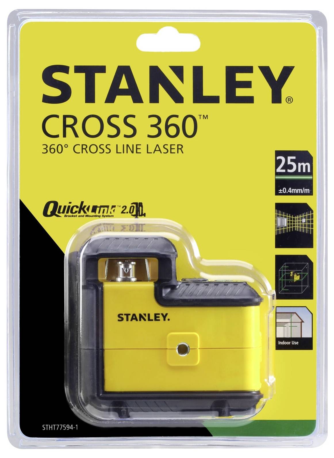 Packaging of a Stanley CROSS 360° cross-line laser with a yellow-black housing, range of 25m, suitable for indoor use.
