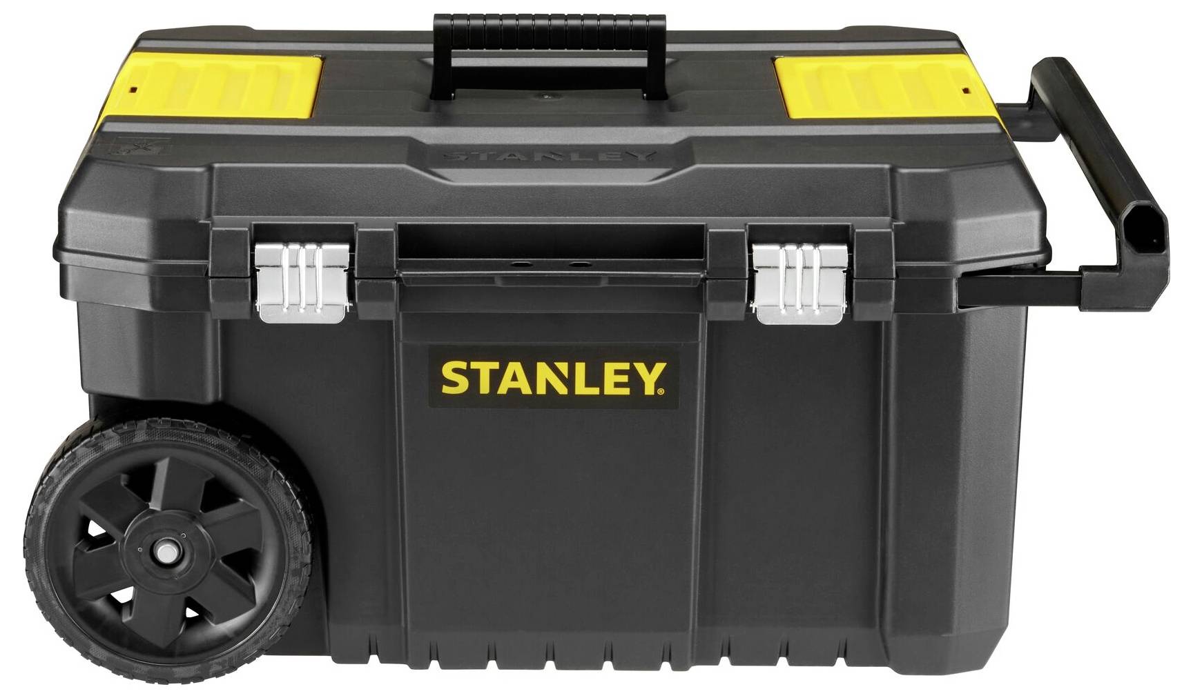 Zwarte mobiele gereedschapskist met handvat op wielen, gele accenten en 'Stanley'-opschrift, voor opslag en transport van gereedschap.
