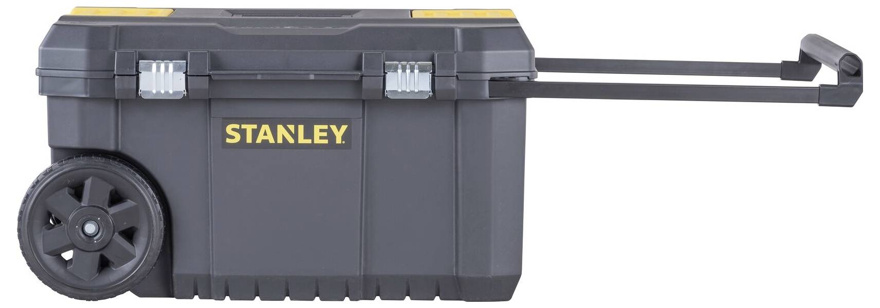 Zwarte gereedschapswagen met uittrekbare handgreep, met geel 'STANLEY'-logo aan de voorkant.