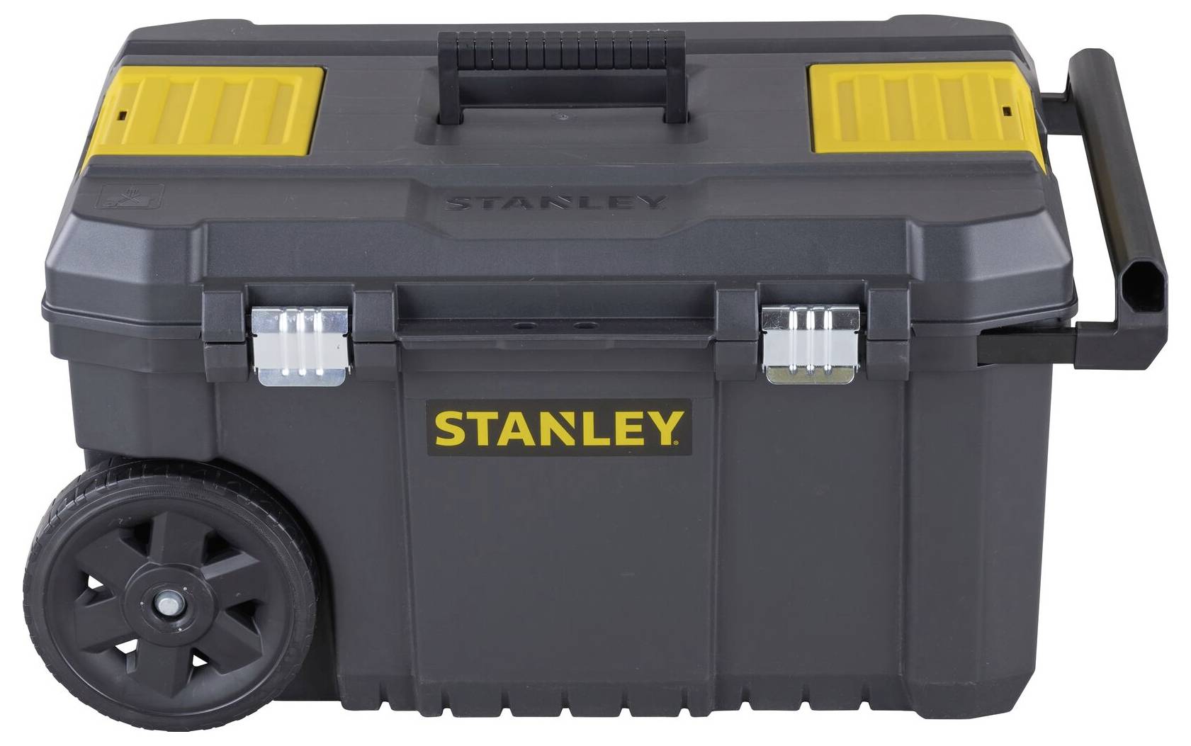 Verrijdbare gereedschapskist met zwarte behuizing en gele accenten, voorzien van een draaggreep en wielen, gemerkt met 'Stanley'.