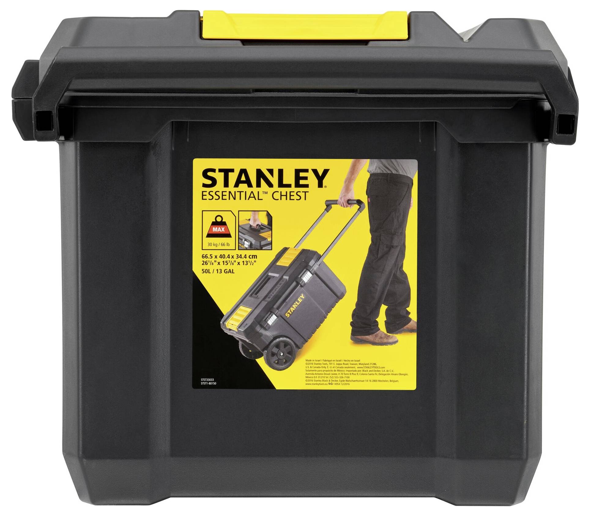 Zwarte gereedschapskist met gele handgreep, etiket toont een persoon die trekt. Merk 'Stanley Essential Chest', afmetingen en capaciteit vermeld.