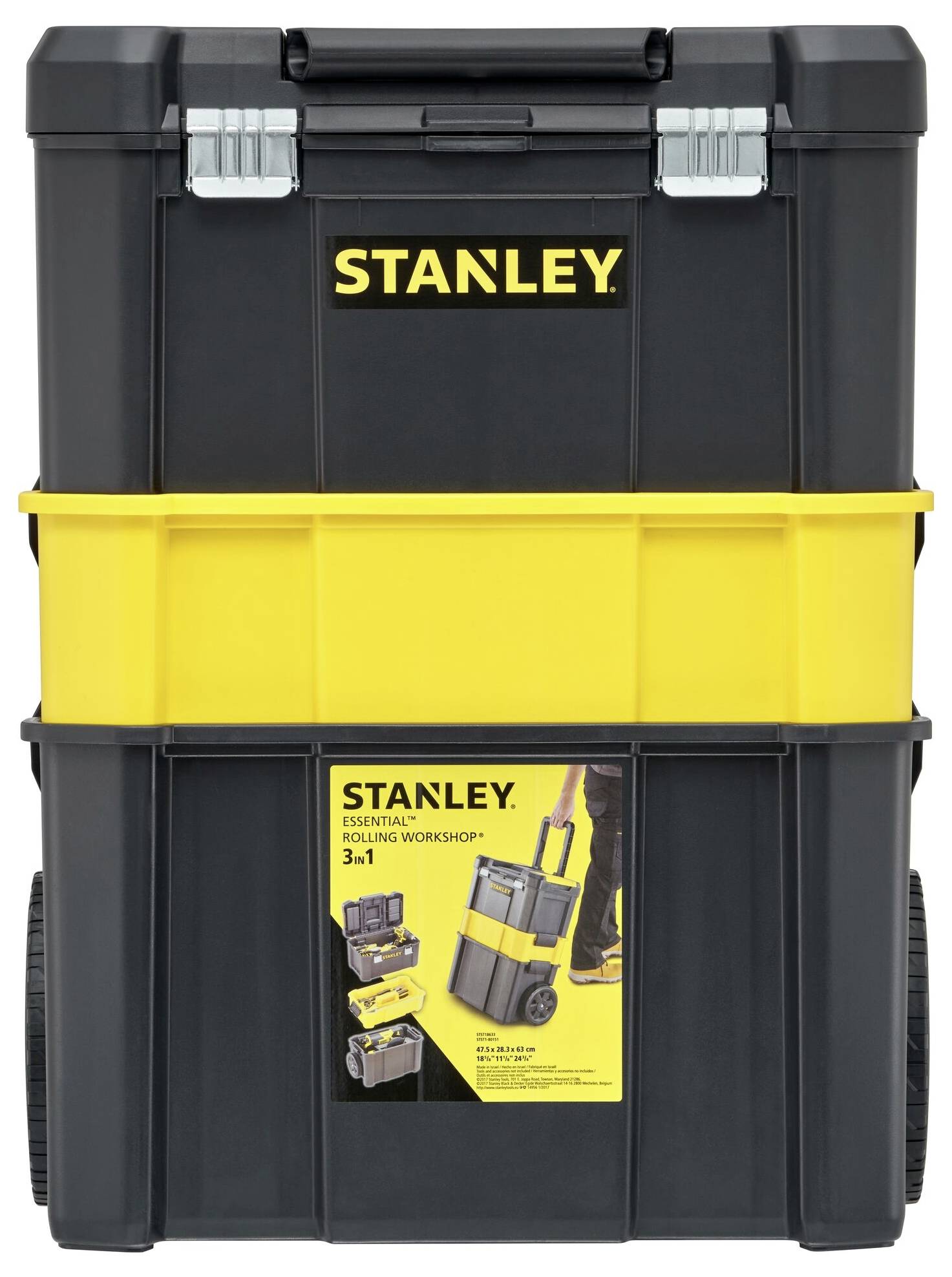 Gereedschapskist van Stanley, vier-delig, zwart en geel, met handgreep en wielen voor gemakkelijke verplaatsing. Bevat vakken voor opberging van gereedschap.