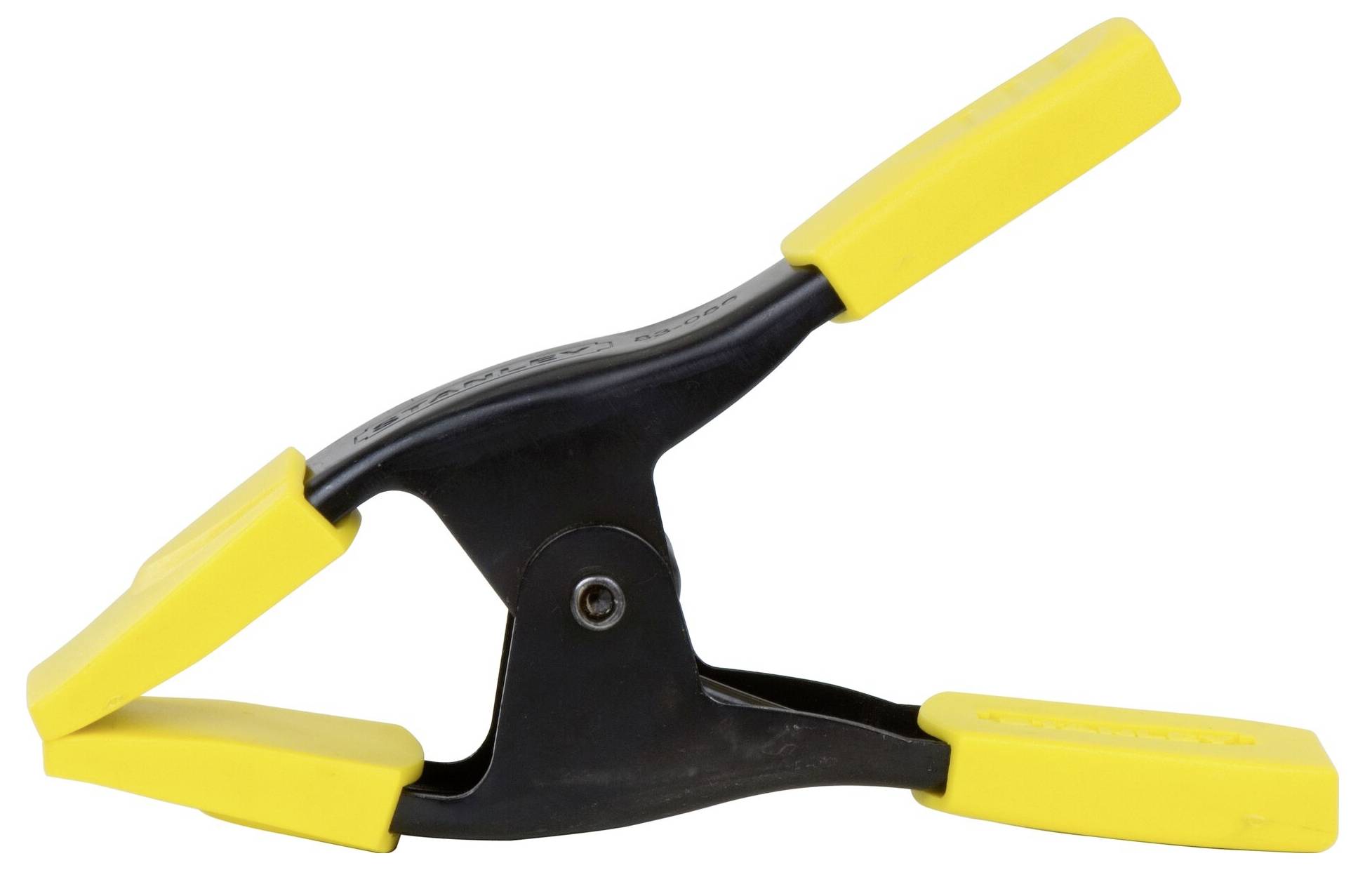 Zwarte kunststof klem met gele handgrepen in gesloten toestand; wordt gebruikt om voorwerpen vast te houden tijdens werkzaamheden.