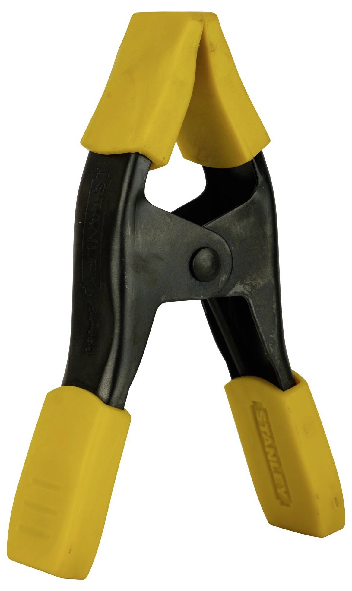 Een gele metalen veer-klem met gele kunststof handgrepen, wijd open. Geschikt voor veelzijdige vasthoudtaken.