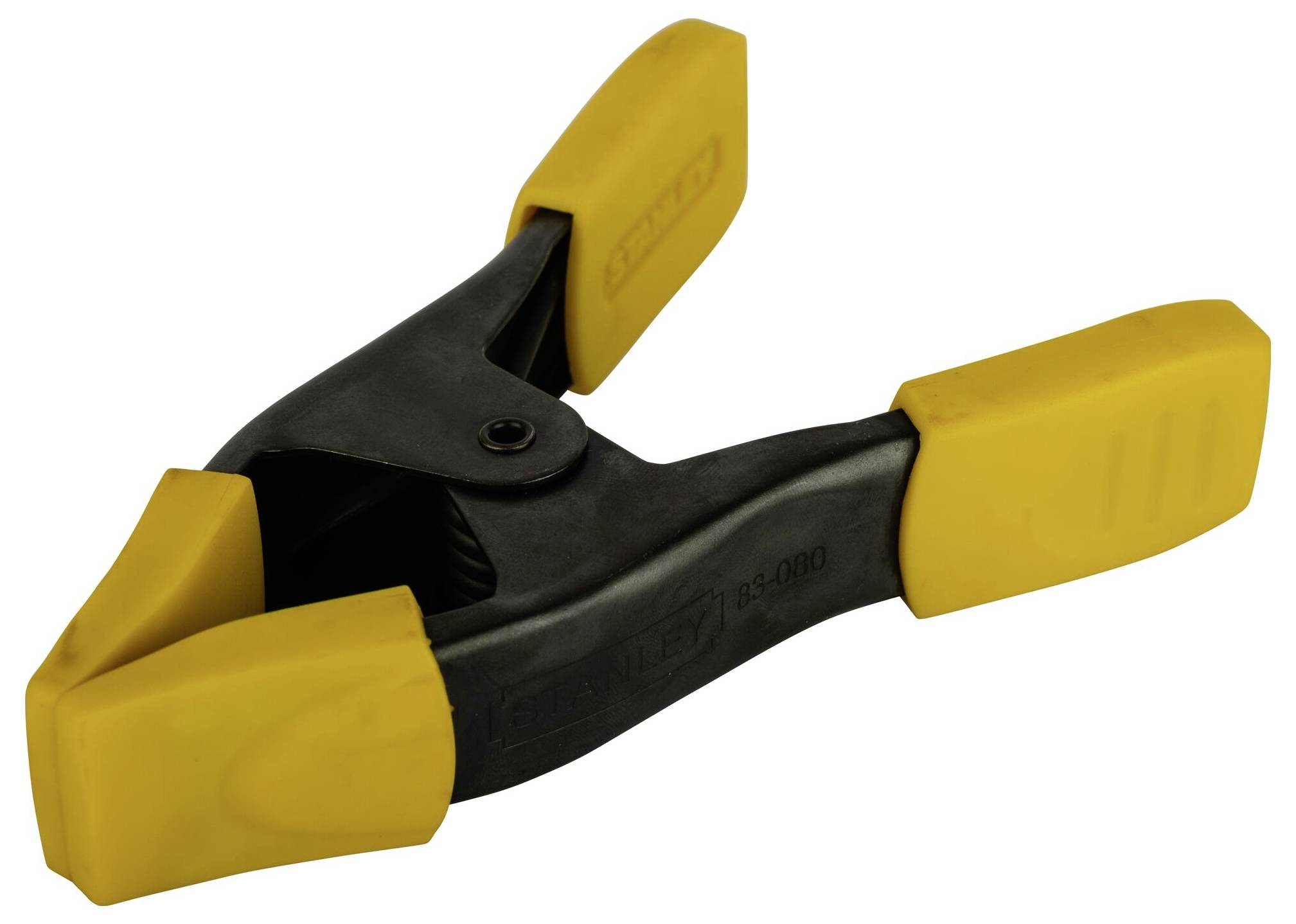 Gele en zwarte metalen en kunststof veerklem, gebruikt voor het vastzetten van objecten in positie.