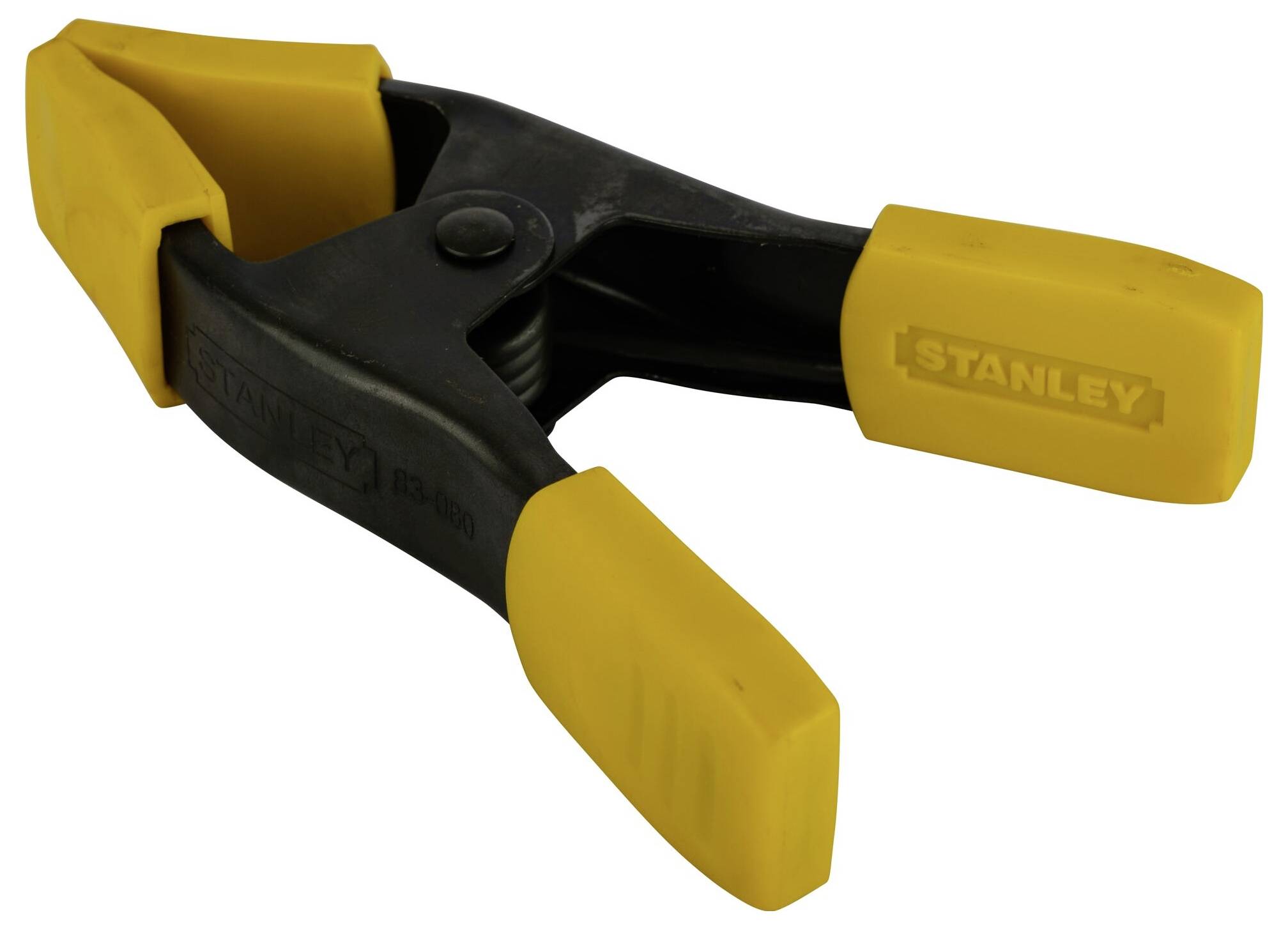 Kunststof-veerbeklemming met gele handgrepen en zwarte metalen onderdelen. Gebruikt voor het vasthouden of spannen van objecten.