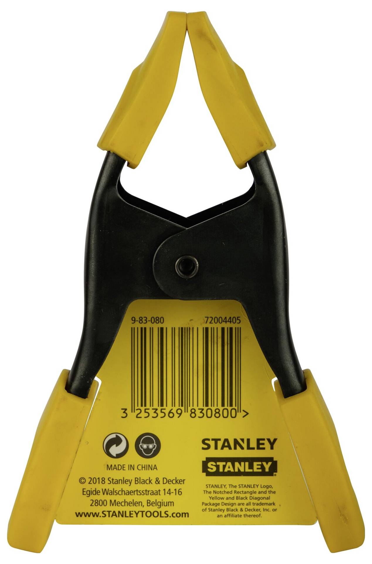'Yellow and black Stanley plastic clamp with barcode and brand information on the back.'