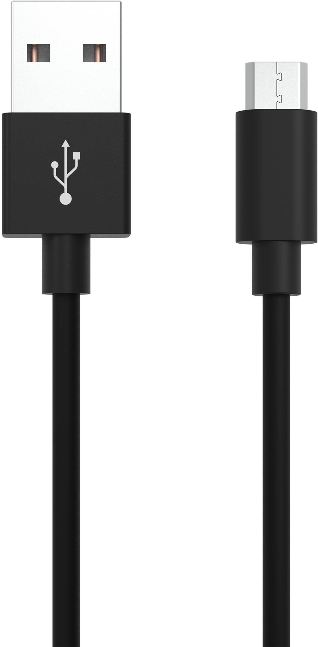 Zwart USB-kabel met een USB-A-stekker en een Micro-USB-stekker, gebruikt voor het opladen van apparaten of gegevensoverdracht.
