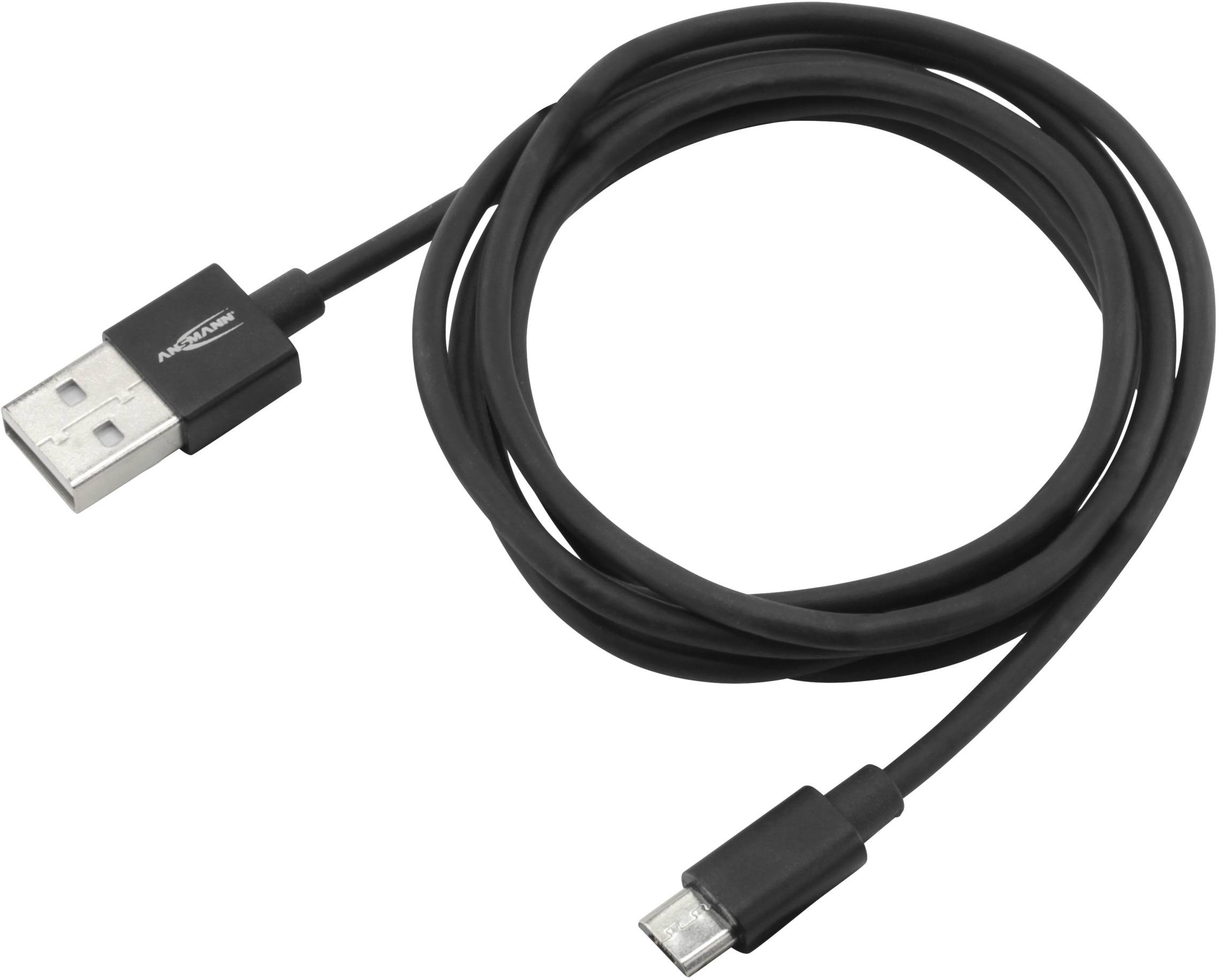 Zwart USB-kabel met een USB-A-connector aan de ene kant en een Micro-USB-connector aan de andere kant, op een witte achtergrond.