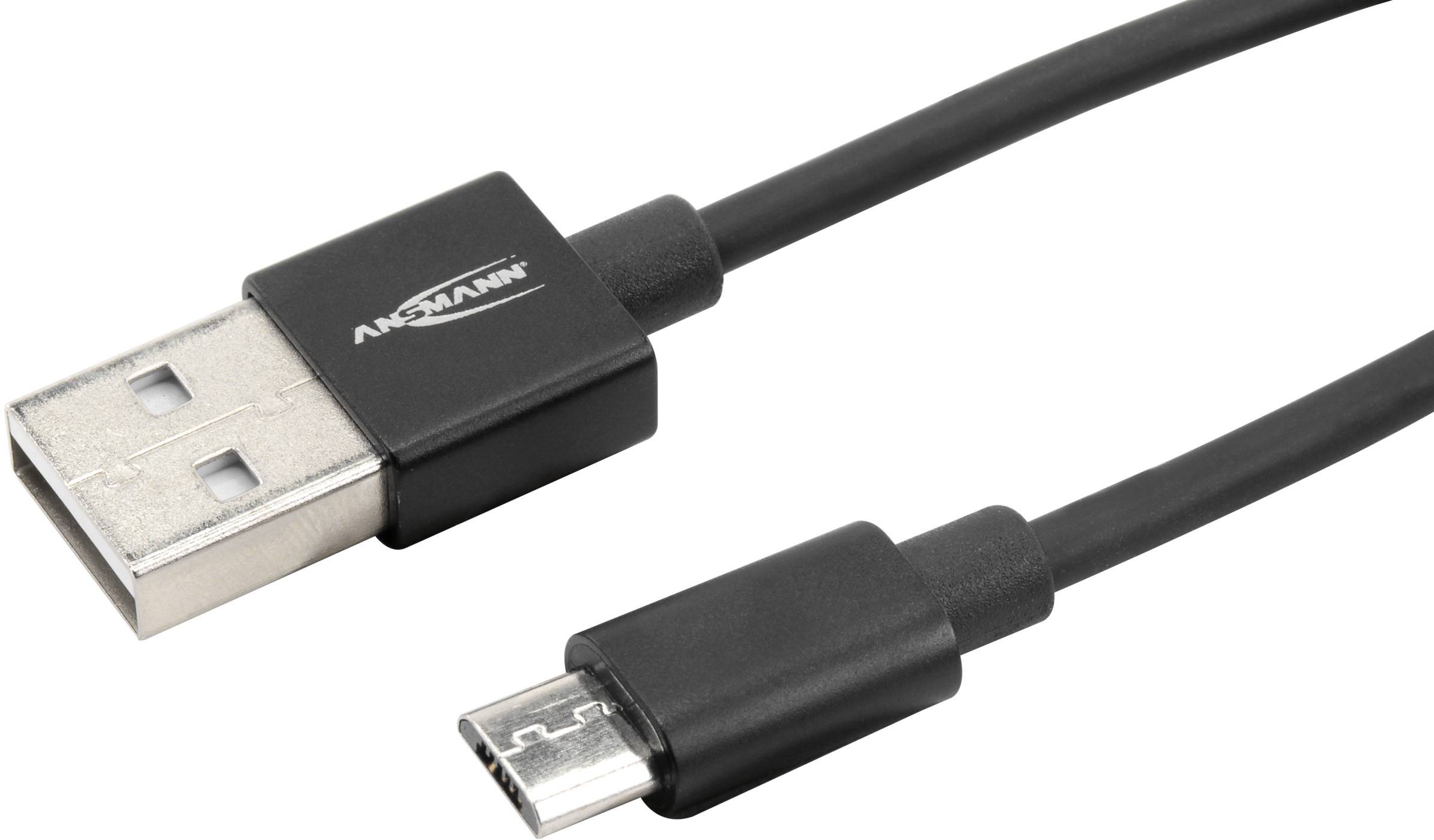 'Een zwart USB-kabel met een standaard USB-stekker aan de ene kant en een micro-USB-stekker aan de andere kant.'