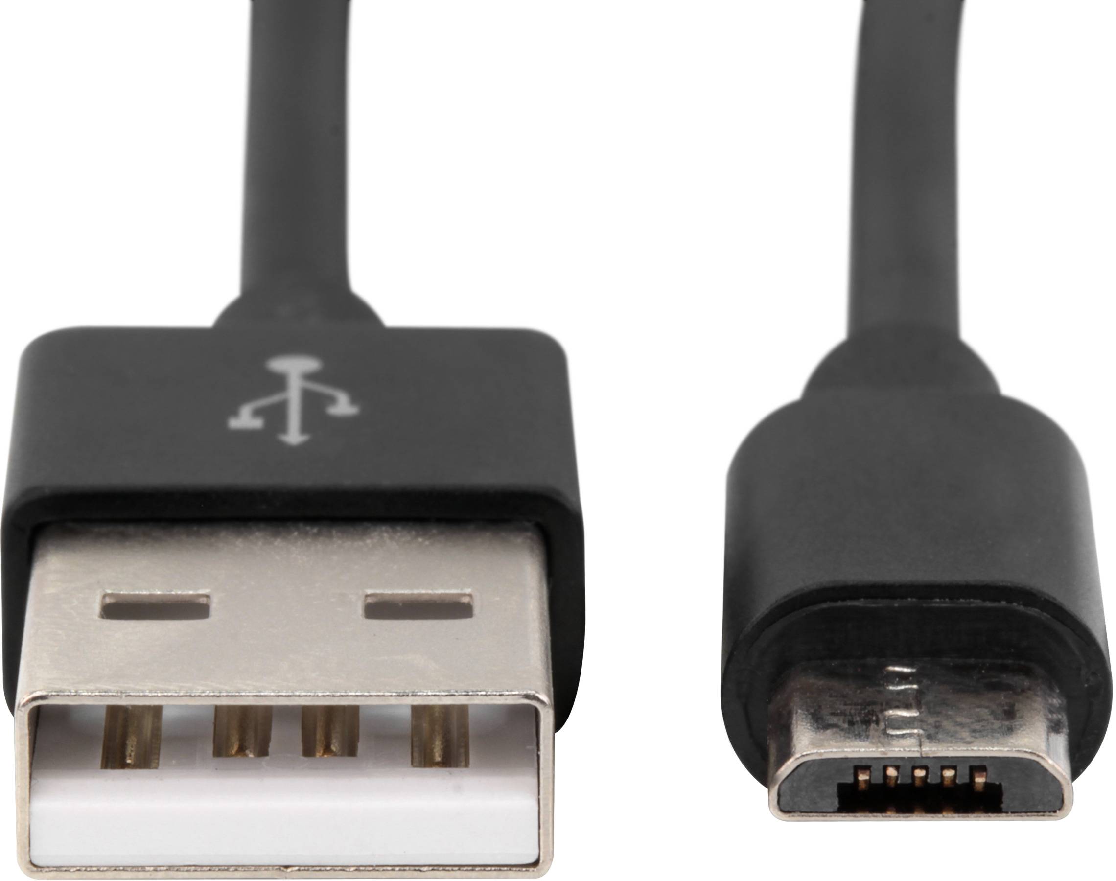Zwart USB-kabel met standaard USB-stekker links en Micro-USB-stekker rechts, afgebeeld tegen een witte achtergrond.