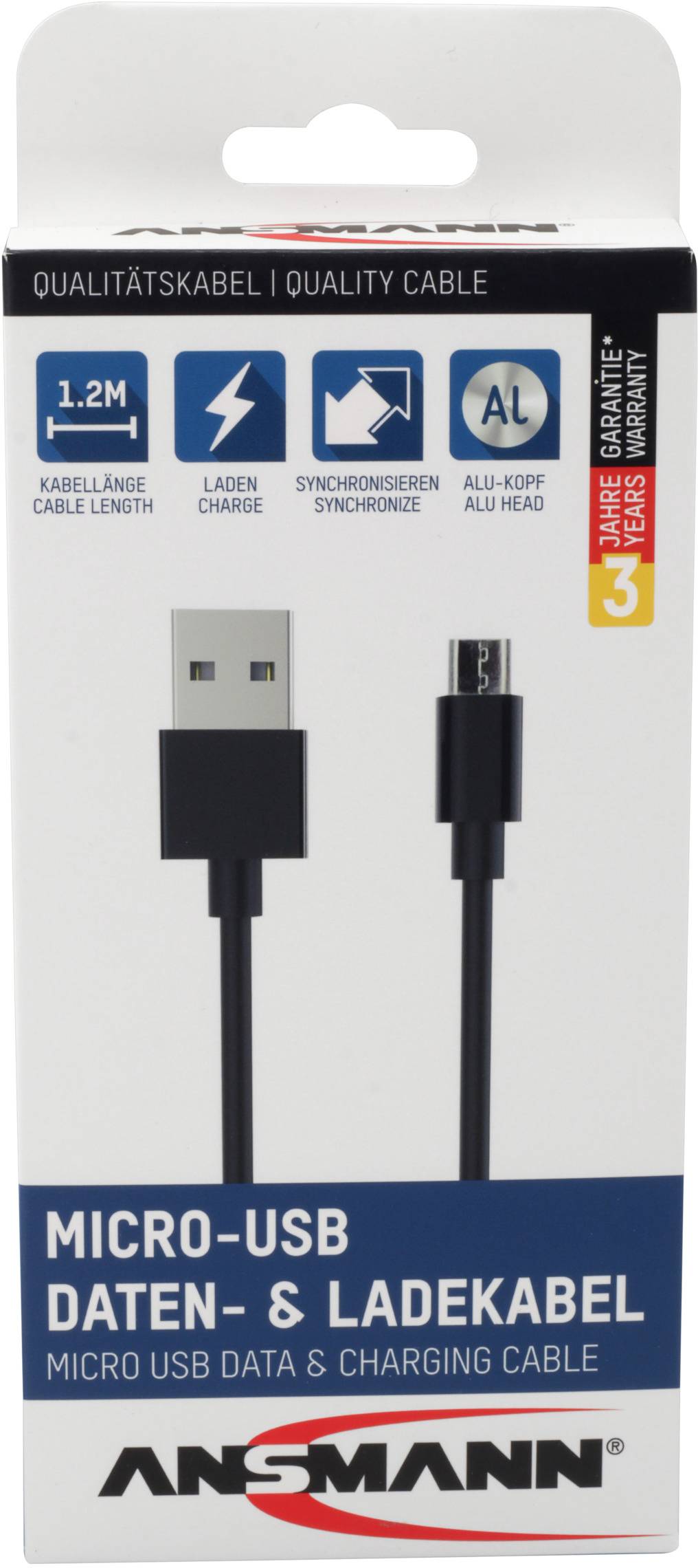 'Micro-USB-data- & oplaadkabel van Ansmann met 1,2 m kabellengte, synchroniseren en opladen. 3 jaar garantie, aluminium kop.'