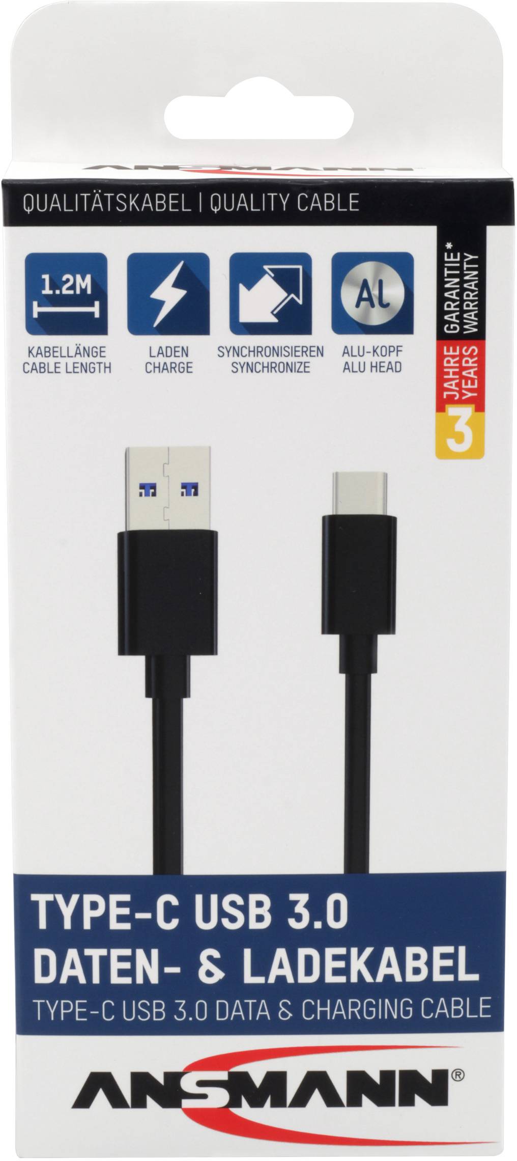 'Type-C USB 3.0 Data- en Oplaadkabel' 1,2 m lengte, Overdracht, Opladen, Synchroniseren. Verpakking toont een kabel met USB-C- en USB-connector.