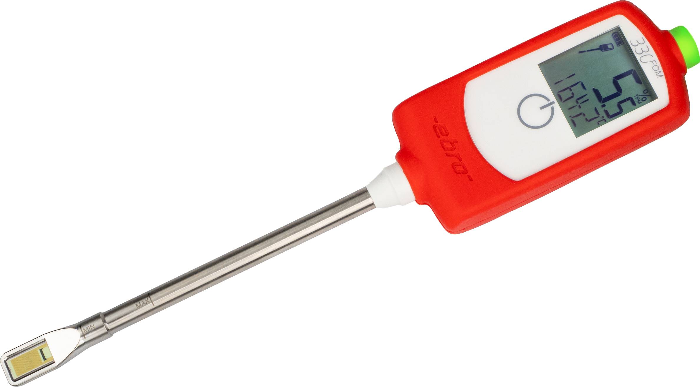 Rode digitale voedselthermometer met roestvrijstalen voeler, weergegeven op een wit geometrisch oppervlak.