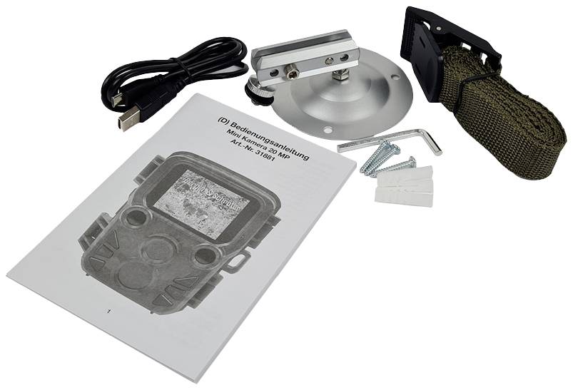 Een set bestaat uit een gebruiksaanwijzing, een USB-kabel, een metalen beugel, schroeven en een riem.