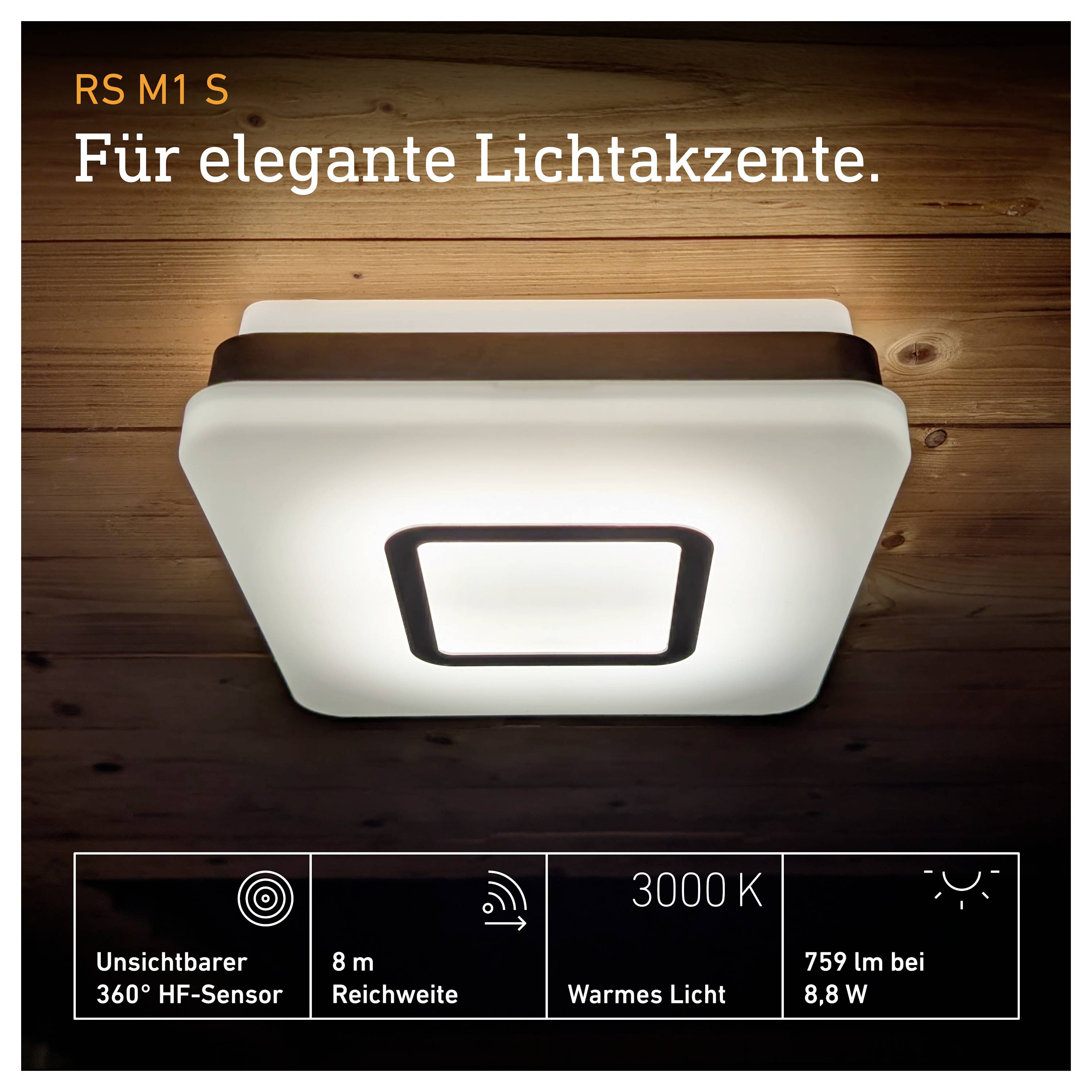 Plafondlamp RS M1 S voor elegante lichtaccenten, met onzichtbare 360° HF-sensor, 8 m bereik, 3000 K warm wit en 759 lm bij 8,8 W.