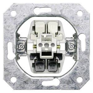 Metalen voet met een elektrische schakelaar die bedoeld is voor wandmontage. Twee witte toetsen en schroefaansluitingen zichtbaar.