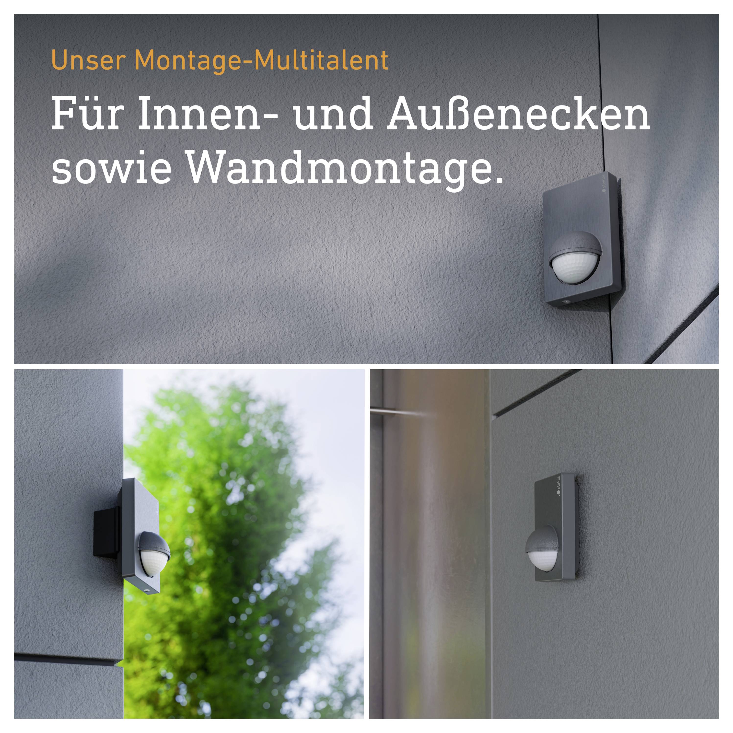 Advertentieafbeelding van een buitenlamp: 'Ons montage-multitalent' voor binnen- en buitenhoeken en wandmontage.