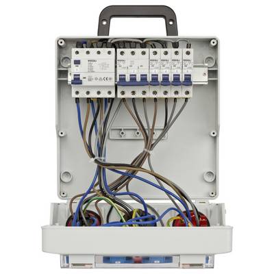 Open elektrische verdeelkast met stroomonderbrekers en bedrade verbindingen, met een losneembaar ondercompartiment met blootgestelde kabels.