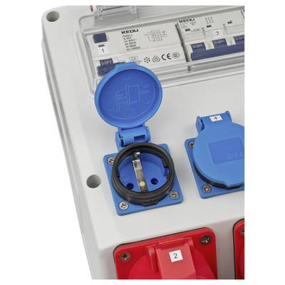 Elektrisch bedieningspaneel met blauwe en rode industriële stopcontacten en schakelaars achter een doorzichtige afdekking.