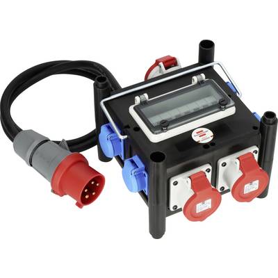 Draagbare elektrische verdeelkast met meerdere rode en blauwe industriële stromaansluitingen en een dik aangesloten kabelconnector.