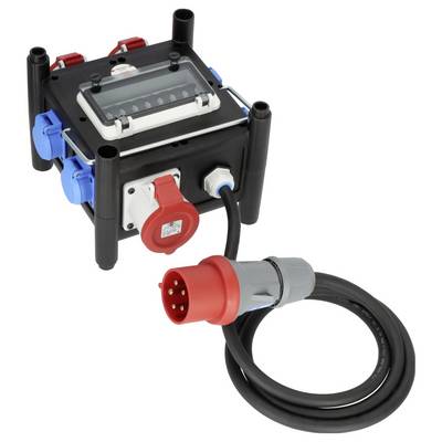 Draagbare elektrische stroombak met transparante deksel, meerdere stopcontacten en aangesloten rode industriële stekker en kabel