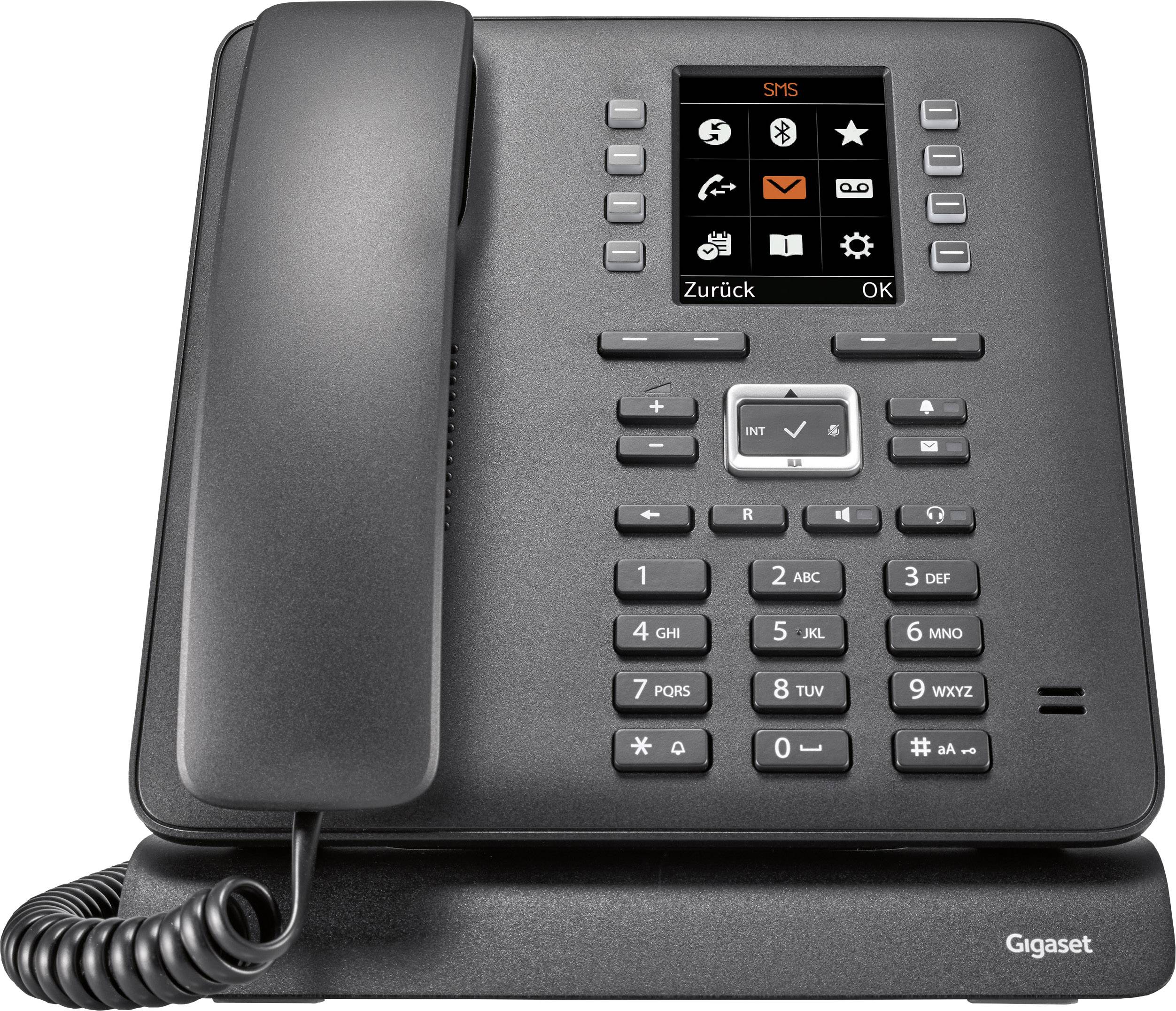 Zwart vaste telefoontoestel met scherm, numeriek toetsenblok en functietoetsen. Merknaam 'Gigaset' rechtsonder.