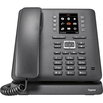 Zwart vaste telefoontoestel met scherm, numeriek toetsenblok en functietoetsen. Merknaam 'Gigaset' rechtsonder.