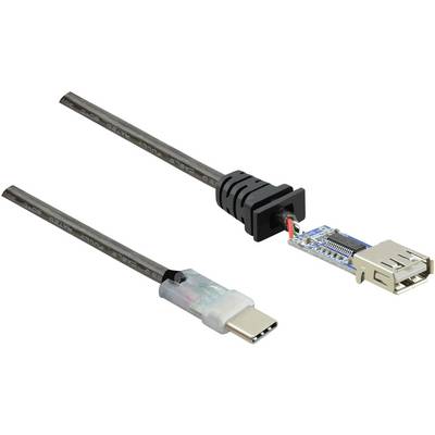 USB-C-naar-USB-A-adapterkabel, toont de aansluitingen en een printplaat voor adapterfuncties.