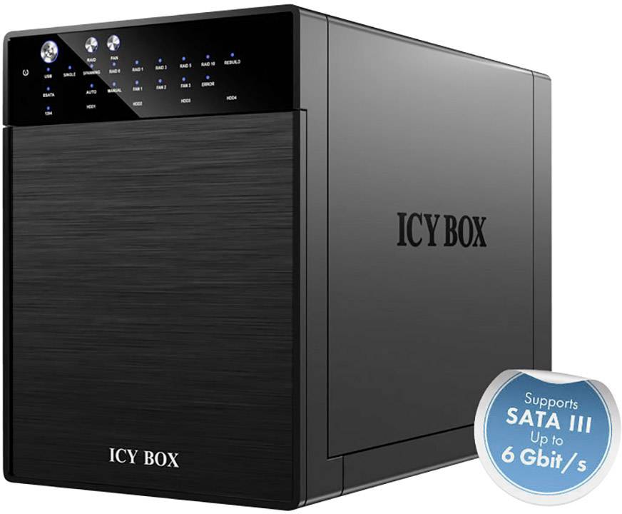 'ICY BOX'-behuizing met glanzend frontpaneel, indicatielampjes en een embleem: 'Ondersteunt SATA III tot 6 Gbit/s'.