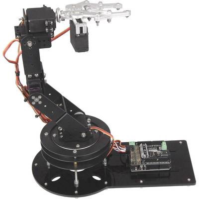 Een zwarte robotarm met meerdere gewrichten is bevestigd aan een basis. Aan het uiteinde bevindt zich een grijper.