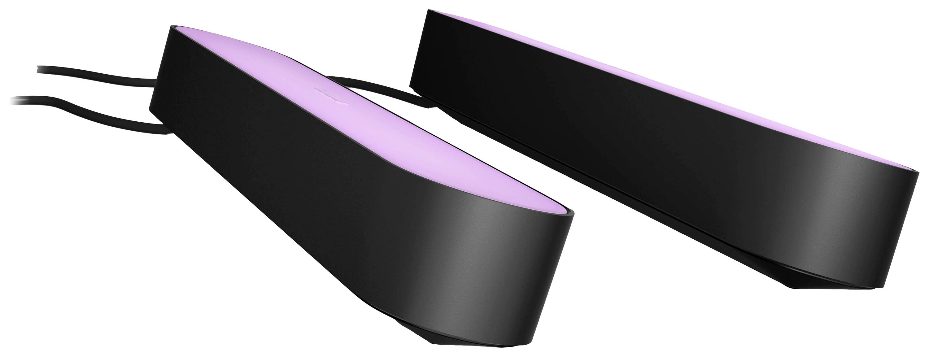 Twee zwarte, rechthoekige LED-lampen met paars licht, naast elkaar liggend, verbonden door kabels.