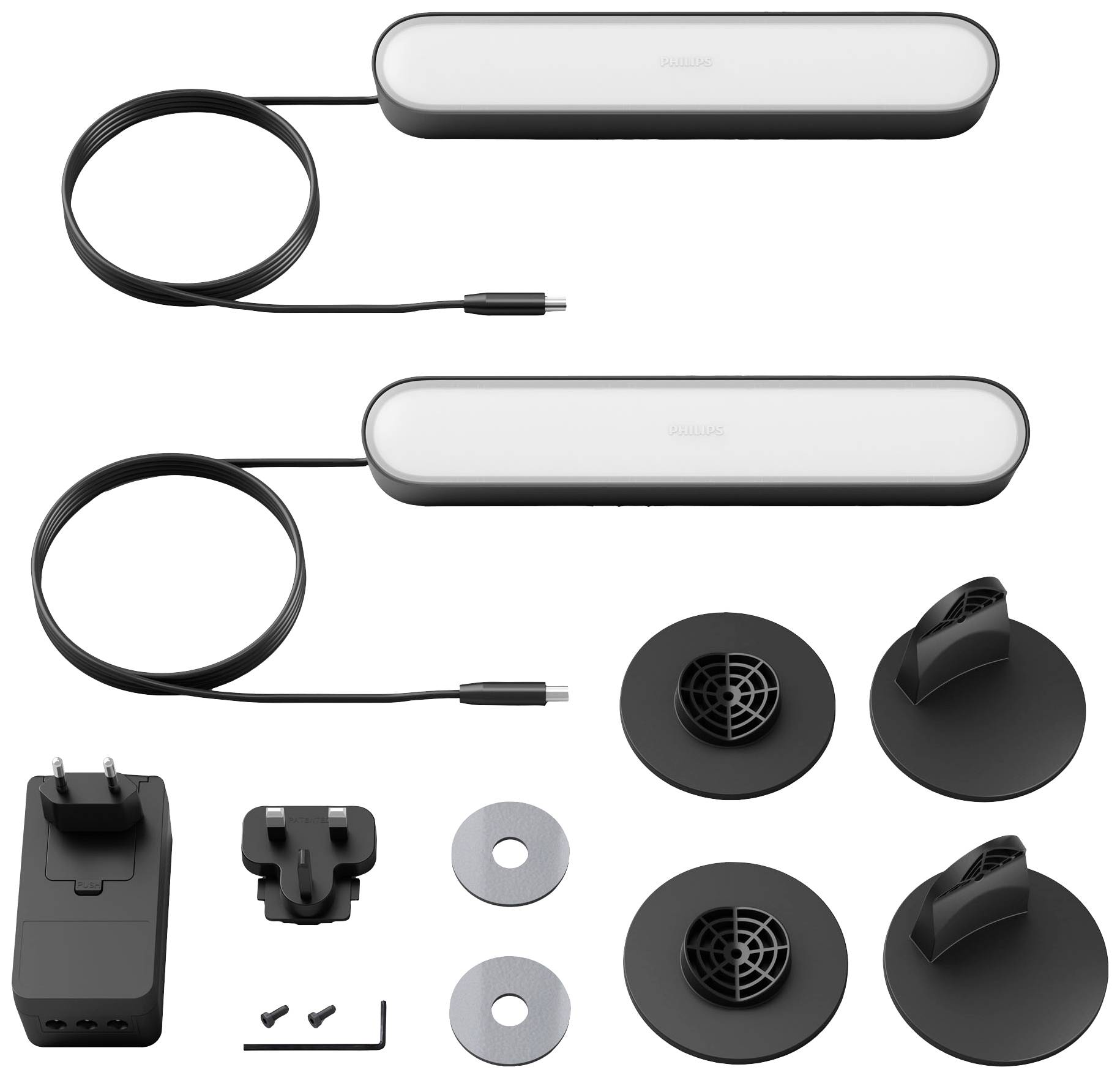 Twee langwerpige LED-lampen met kabel, netadapter, stekkeropzetstukken, schroeven en bevestigingsbeugels voor montage; toebehoren voor lichtinstallatie.