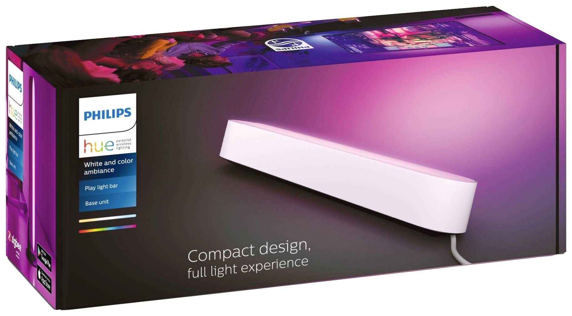 Philips Hue Play Lightbar Verpakking; toont LED-lamp voor sfeerverlichting. Tekst: 'Compact design, complete lichtbeleving'.