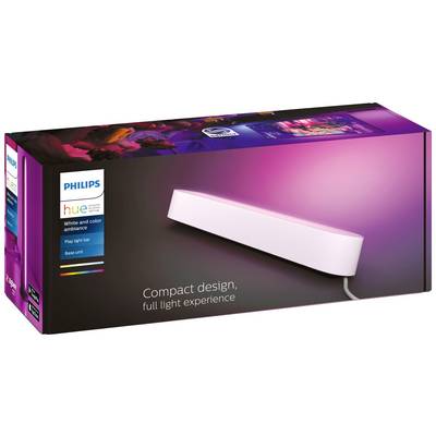 Philips Hue Play Lightbar Verpakking; toont LED-lamp voor sfeerverlichting. Tekst: 'Compact design, complete lichtbeleving'.