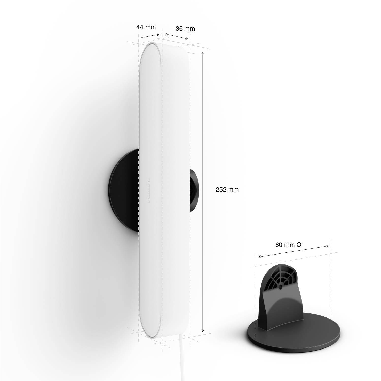 'Philips Hue Bloom' Lichtbron, verticaal aan de muur gemonteerd, toont afmetingen: Hoogte 252 mm, Breedte 36 mm, Diepte 44 mm. Sokkeldoorsnede 80 mm.
