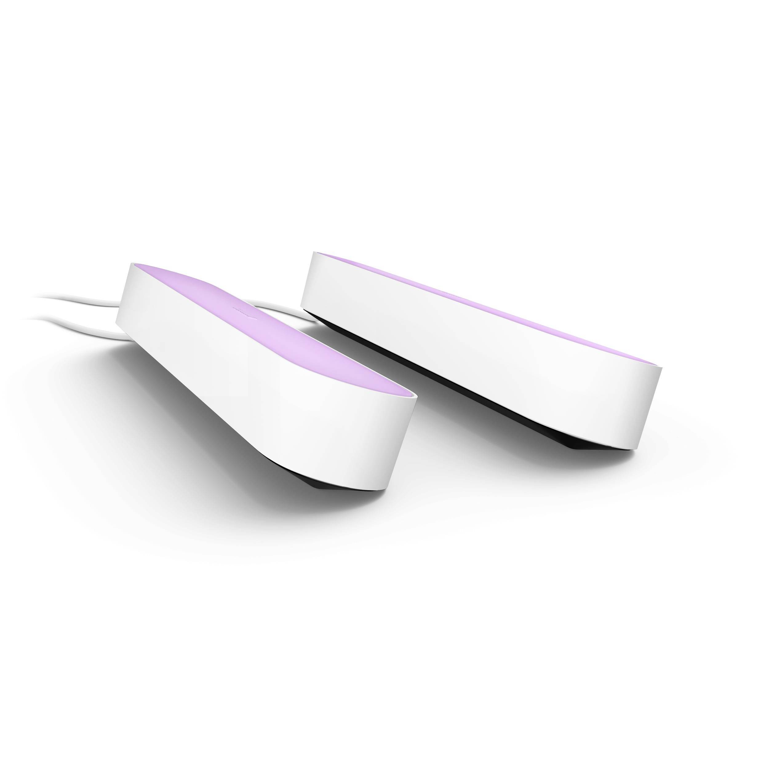 Twee witte LED-lampen met paars licht, naast elkaar geplaatst. Ze hebben een modern, gebogen ontwerp en liggen plat op een oppervlak.
